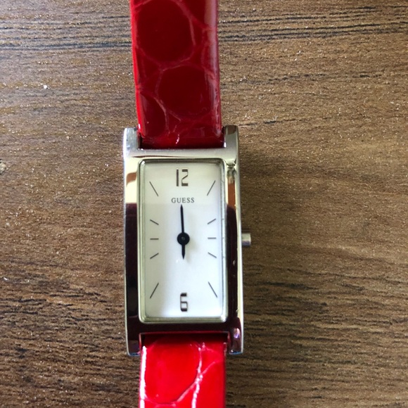 Guess Tank Style Watch W/Silver Tone Face & Red Croc Like Band - Picture 1 of 8